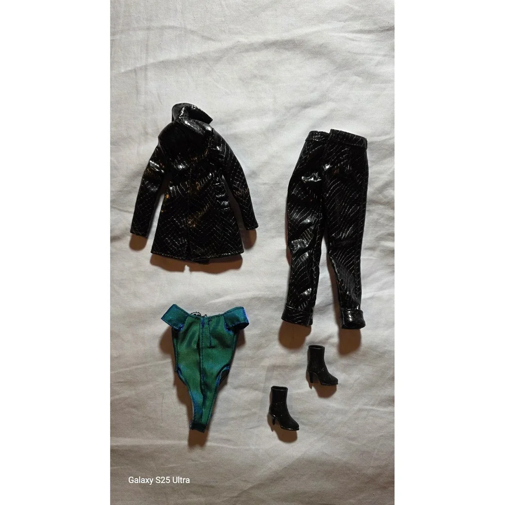 Barbie Doll Fashion Outfit Set Black Snakeskin Trench Coat Pants Teal Bodysuit